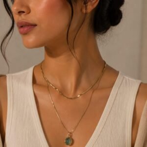 Layered Green Stone Short Chain Necklace for Women