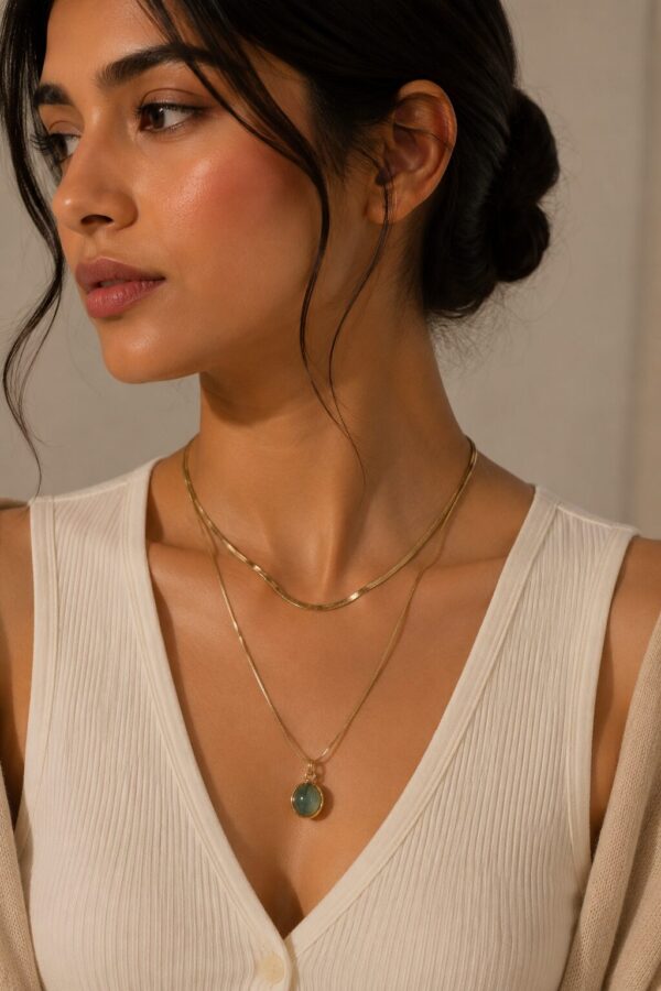 Layered Green Stone Short Chain Necklace for Women