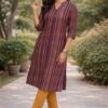 m13 Plum Line Mustard Ethnic Stripe Cotton Kurti for Women