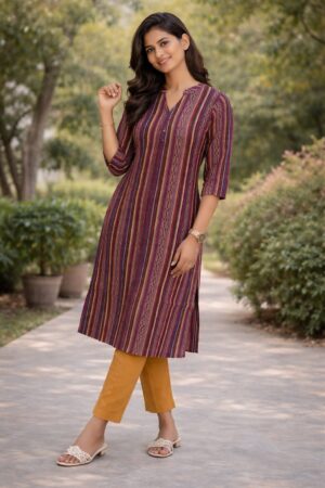 m13 Plum Line Mustard Ethnic Stripe Cotton Kurti for Women