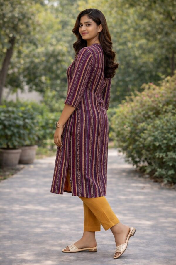 m13a Plum Line Mustard Ethnic Stripe Cotton Kurti for Women