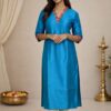 m5 Royal Teal Ethnic Kurti for Women with Contrast Neck Detailing