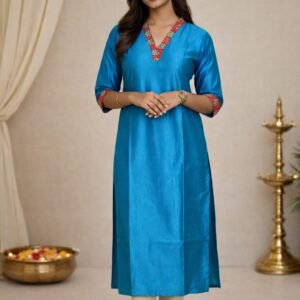 Royal Teal Ethnic Kurti for Women with Contrast Neck Detailing
