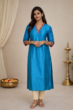 m5 Royal Teal Ethnic Kurti for Women with Contrast Neck Detailing