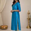 m5a Royal Teal Ethnic Kurti for Women with Contrast Neck Detailing