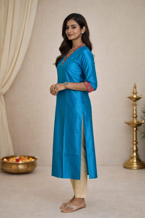 m5a Royal Teal Ethnic Kurti for Women with Contrast Neck Detailing