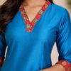 m5b Royal Teal Ethnic Kurti for Women with Contrast Neck Detailing