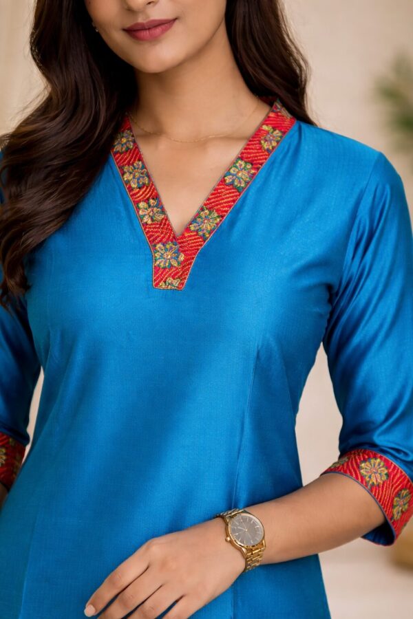 m5b Royal Teal Ethnic Kurti for Women with Contrast Neck Detailing
