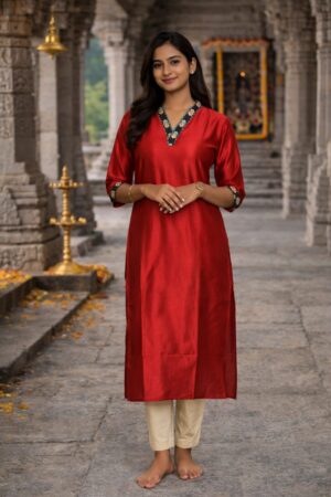 m6 Ruby Line Crimson Red Silk Blend Kurti for Women