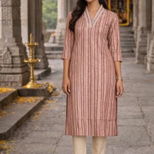 Beige Stripe Cotton Kurti for Women