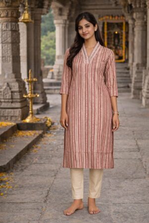m7 Beige Stripe Cotton Kurti for Women