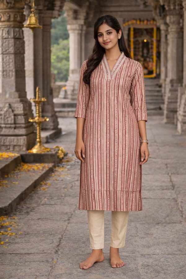 Beige Stripe Cotton Kurti for Women