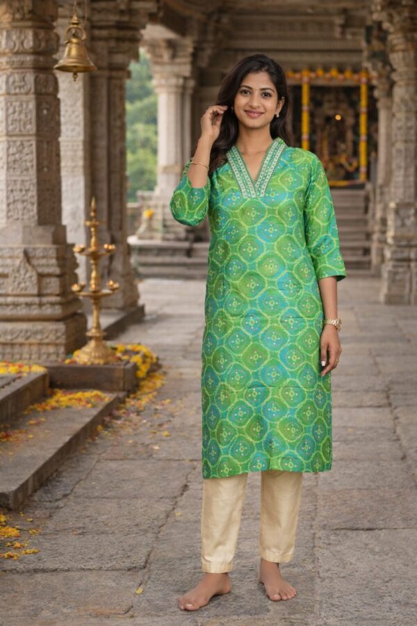 m8 Green Essence Lime Green Ethnic Print Kurti for Women