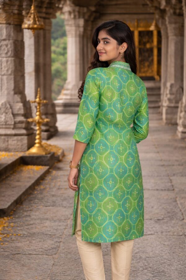 m8a Green Essence Lime Green Ethnic Print Kurti for Women